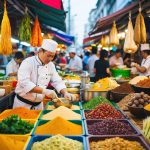 A bustling street market with colorful stalls selling diverse ingredients and spices from various Southeast Asian countries. A chef is seen blending traditional recipes while surrounded by a vibrant atmosphere