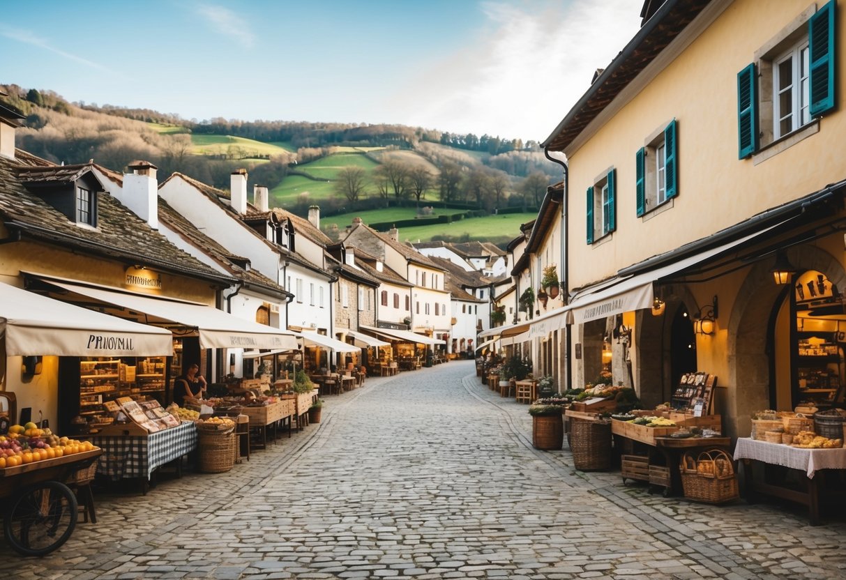 A quaint European village nestled among rolling hills, with cobblestone streets lined with charming artisanal shops and bustling market stalls. The historic architecture and traditional craftsmanship are evident in every detail