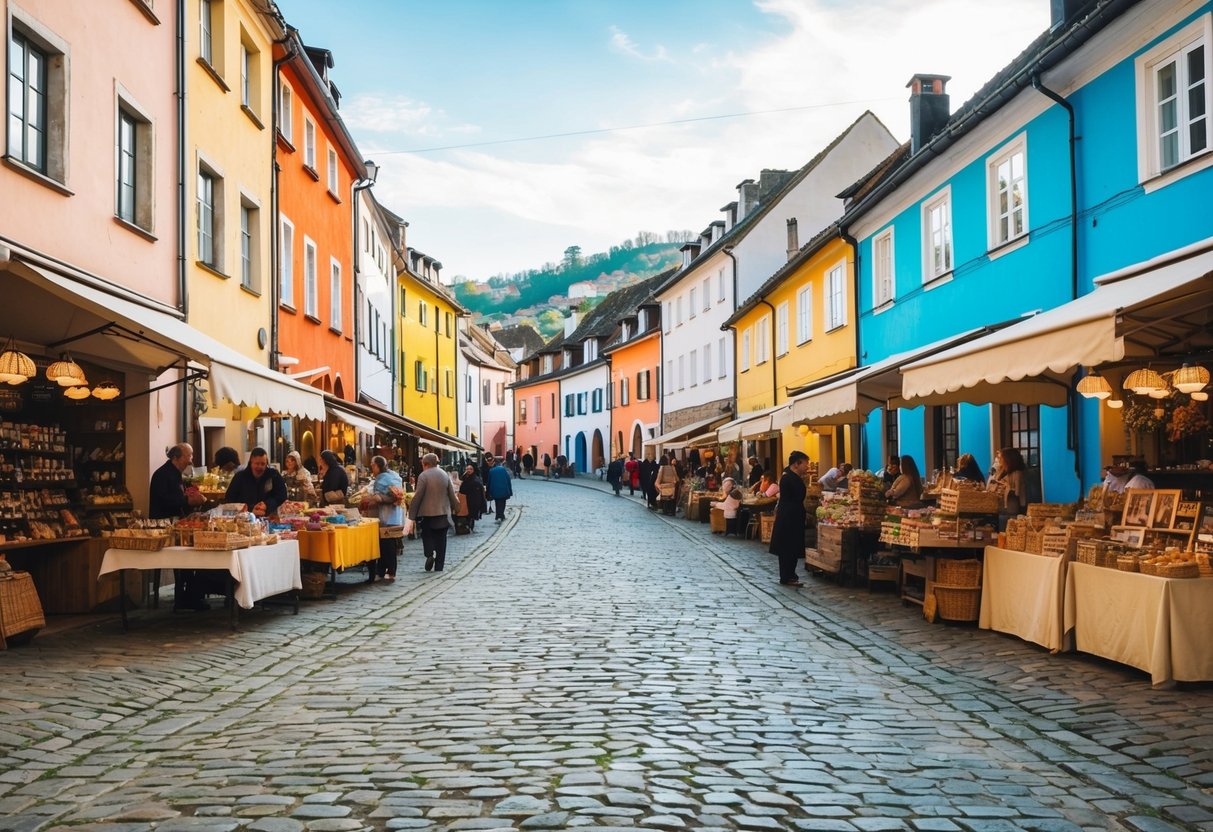 A cobblestone street winds through quaint European villages, lined with colorful, centuries-old buildings and bustling market stalls selling handmade crafts