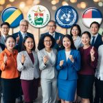 A diverse group of people speaking different languages, surrounded by symbols of their respective cultures