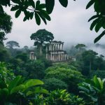 A lush jungle with ancient ruins emerging from the foliage, surrounded by mist and a sense of mystery