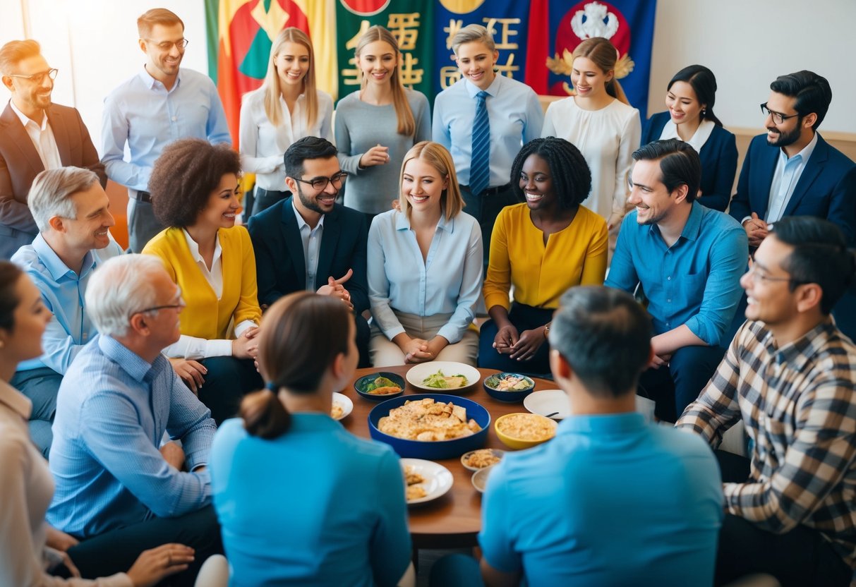 A diverse group of people conversing in multiple languages, surrounded by symbols of different cultures and traditions