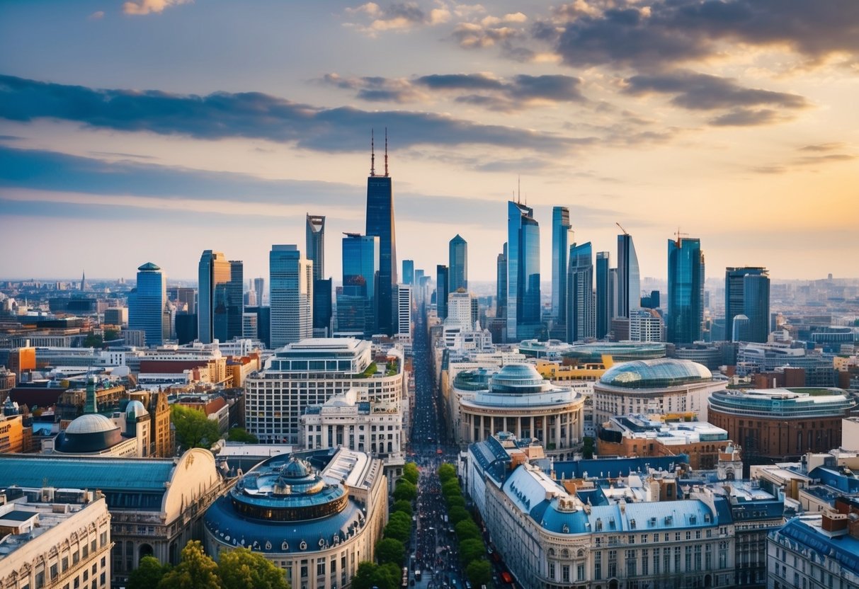 A bustling cityscape with diverse architecture and people from different cultural backgrounds interacting and exchanging languages