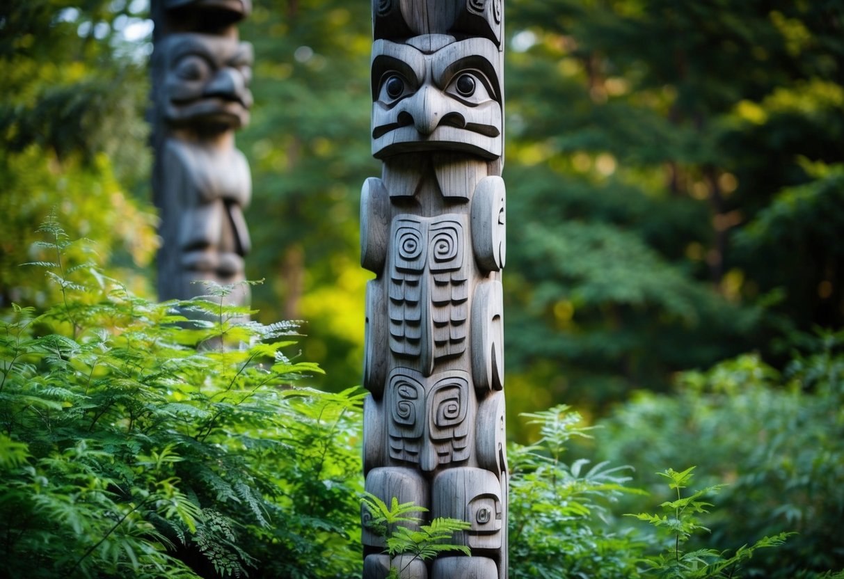 An ancient totem pole surrounded by lush foliage and wildlife, with intricate carvings representing the rich cultural history of indigenous peoples