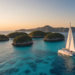 A sailboat glides through crystal-clear waters, approaching a cluster of untouched, lush islands in the Mediterranean. The sun sets behind the rugged coastline, casting a warm glow over the uncharted paradise