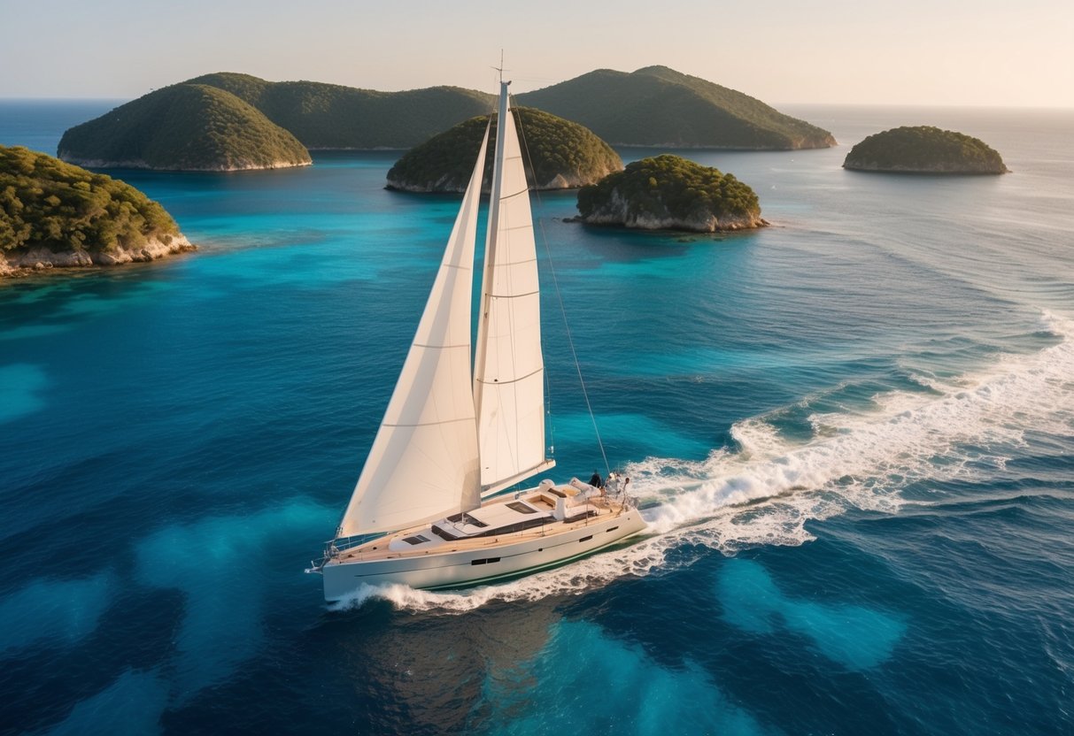 A sailboat glides through crystal-clear waters, surrounded by lush, uncharted islands in the Mediterranean. The sun casts a warm glow over the majestic scene