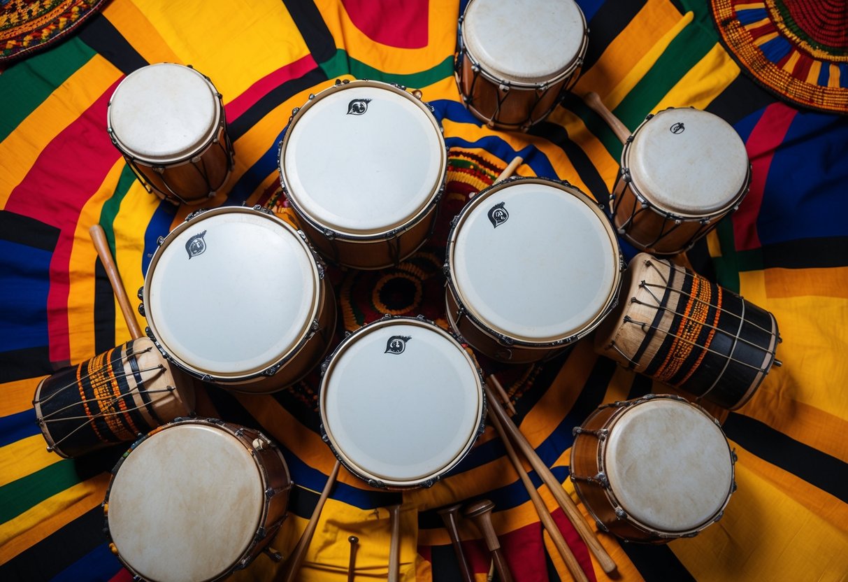 African drums and traditional instruments surrounded by vibrant patterns and colors, evoking the global influence of African music and art