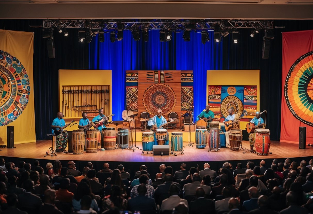 A vibrant stage with diverse African musical instruments and colorful traditional art, surrounded by a global audience