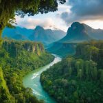 Lush rainforest canopy with vibrant wildlife, winding rivers, and towering mountains in unexplored South American regions