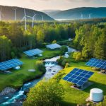 A lush, serene forest with crystal-clear streams, diverse wildlife, and sustainable lodgings nestled among the trees. Solar panels and wind turbines dot the landscape