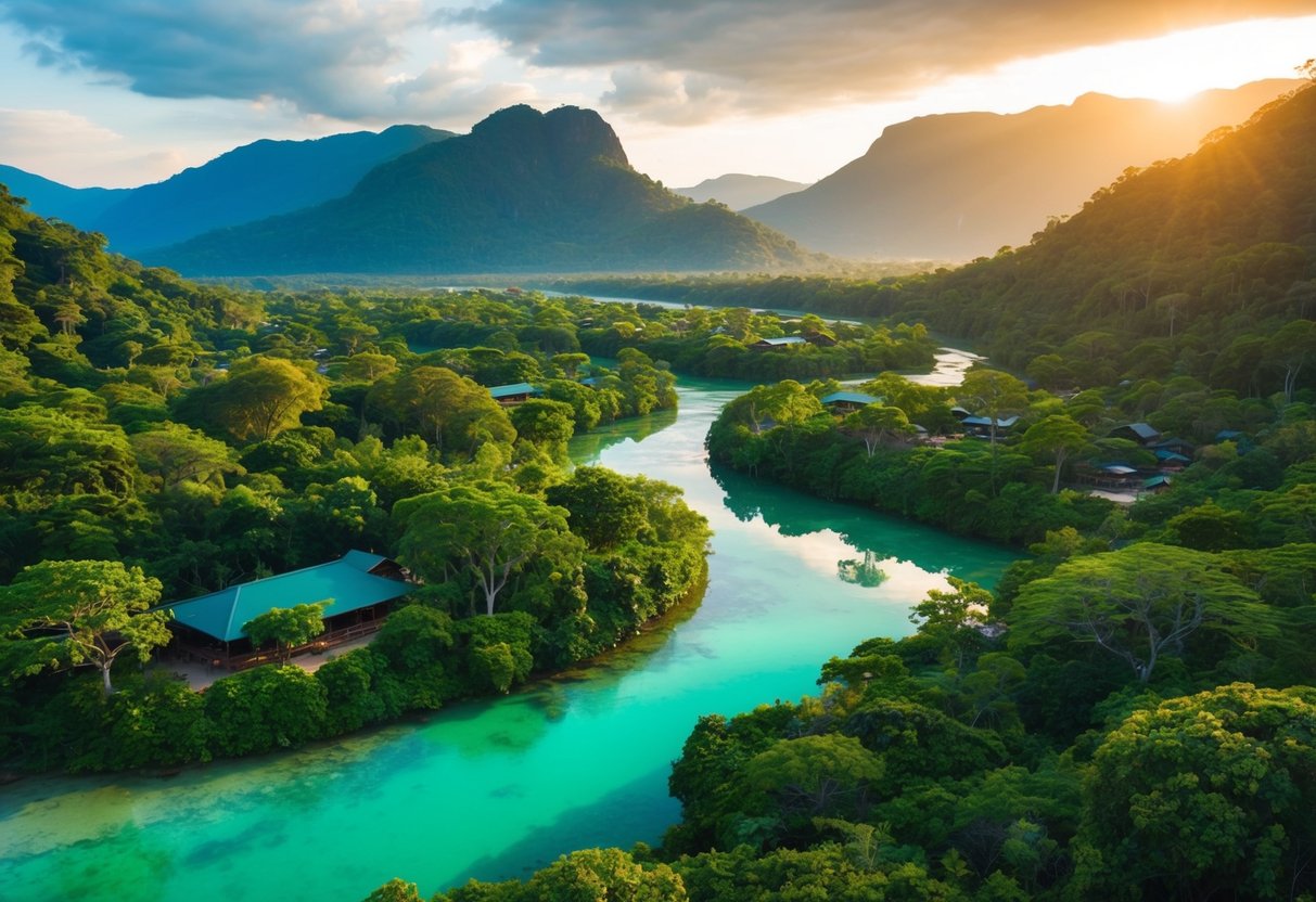 A lush, untouched jungle with diverse wildlife and crystal-clear rivers, surrounded by mountains and dotted with eco-friendly lodges and sustainable tourism initiatives