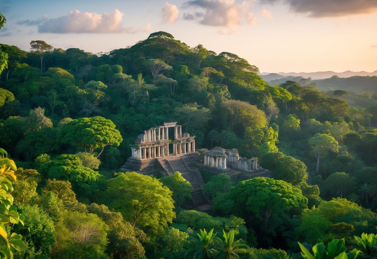 A lush rainforest with ancient ruins nestled among vibrant flora and fauna, showcasing the harmonious coexistence of cultural heritage and biodiversity