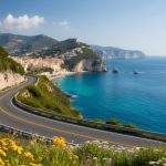 A winding coastal road hugs the cliffs, overlooking the azure waters of the Mediterranean. Lush greenery and colorful wildflowers line the route, with charming seaside villages in the distance