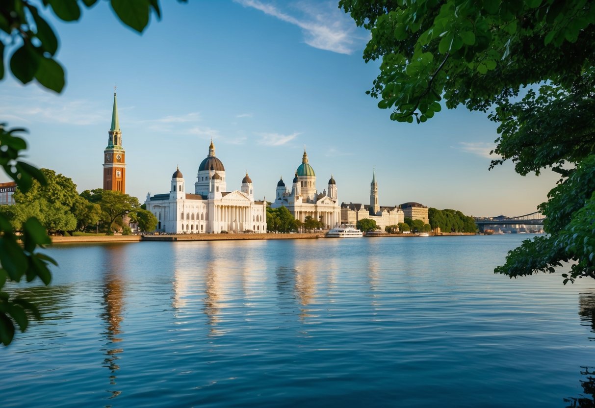 A serene waterfront cityscape with iconic landmarks and charming architecture, surrounded by calm waters and lush greenery