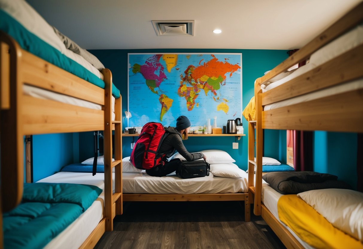 A backpacker unpacks in a cozy, budget-friendly hostel room with bunk beds, a communal kitchen, and a colorful map on the wall