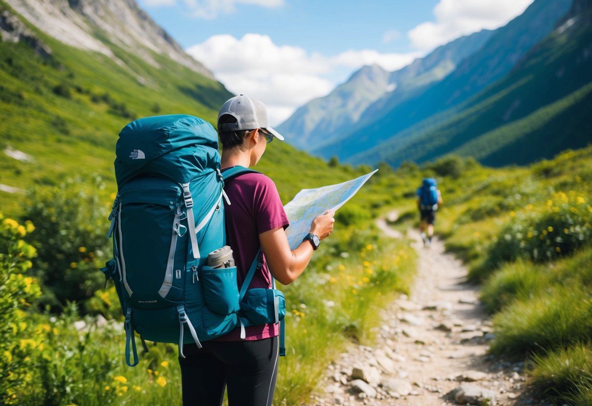 A backpacker standing on a scenic trail, surrounded by mountains and lush greenery. They are checking their map and budgeting their expenses for their 2024 trip