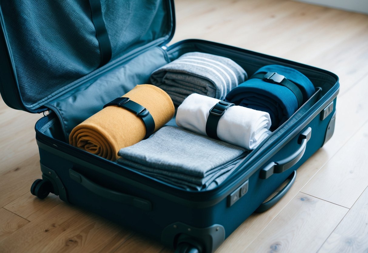 A suitcase filled with neatly folded clothes, rolled-up socks, and compact travel essentials arranged to maximize space