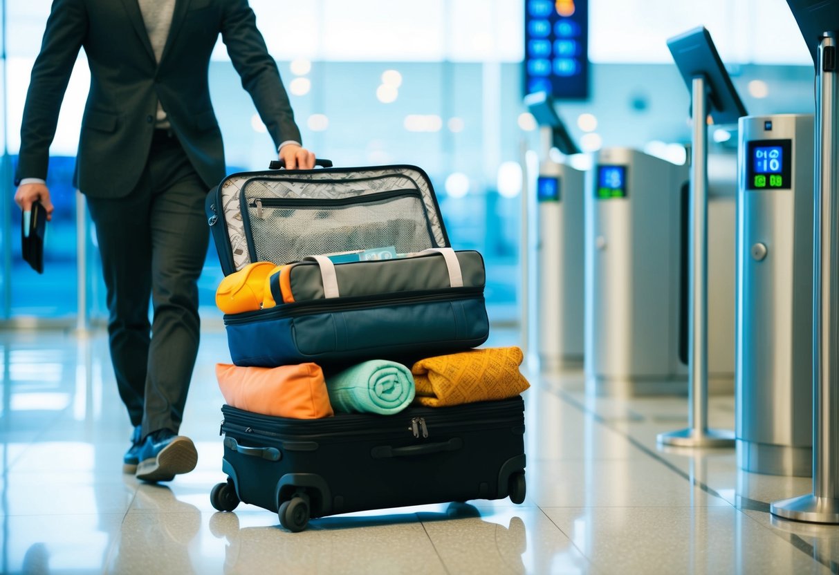 A traveler efficiently organizes and packs various items into a suitcase, while smoothly passing through airport security checks