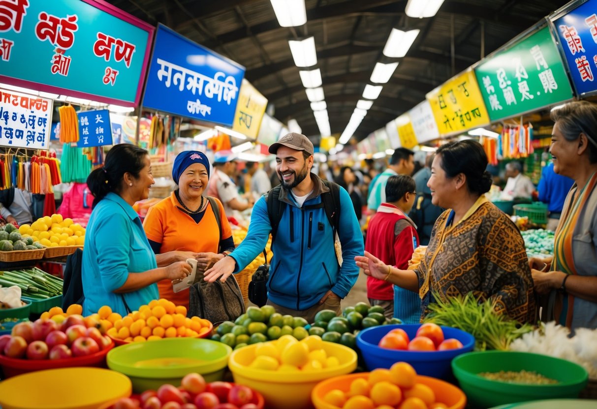 A traveler interacting with locals in a vibrant market, surrounded by colorful signs and diverse languages