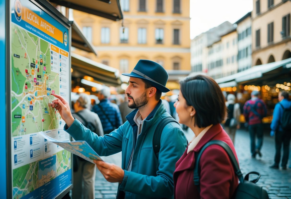 A traveler consulting a map with various landmarks and local attractions, while speaking with a local guide in a bustling market square