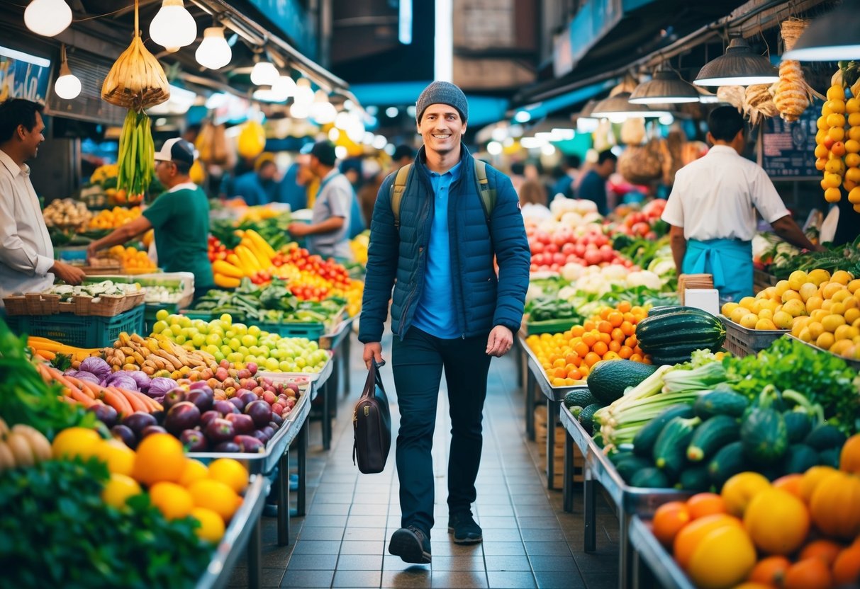 A traveler walking confidently through a bustling foreign marketplace, surrounded by colorful fruits, vegetables, and local vendors