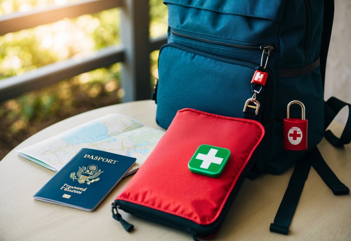 A passport, map, and safety whistle lay on a table beside a sturdy backpack. A first aid kit and lock hang from the straps