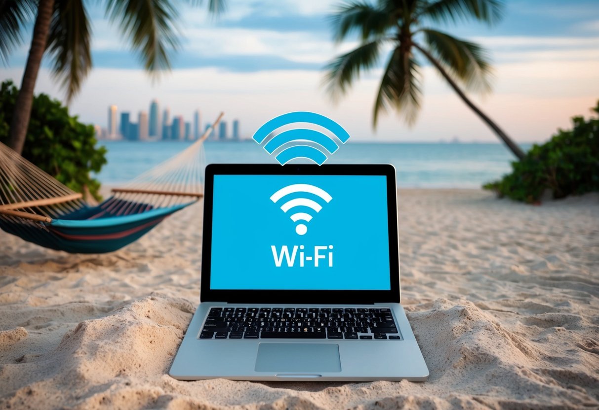 A laptop open on a beach with a strong Wi-Fi signal, surrounded by a hammock, palm trees, and a distant city skyline