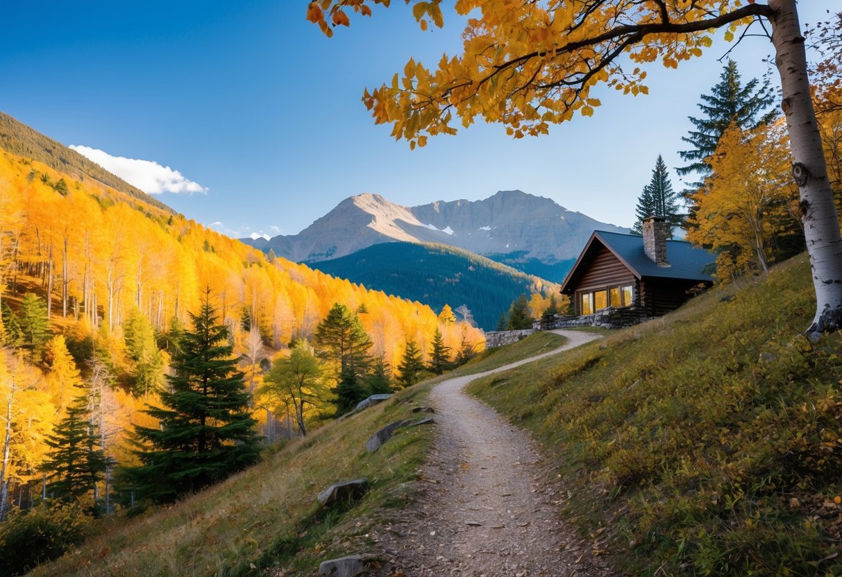 A serene mountain landscape with vibrant autumn foliage, a winding trail leading to a secluded cabin, and a clear blue sky overhead