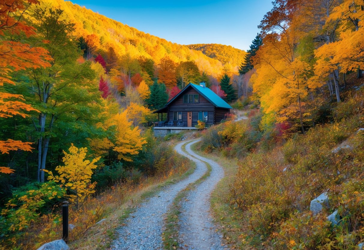 A colorful autumn landscape with a winding trail leading to a secluded cabin nestled among vibrant foliage and a clear, crisp sky overhead