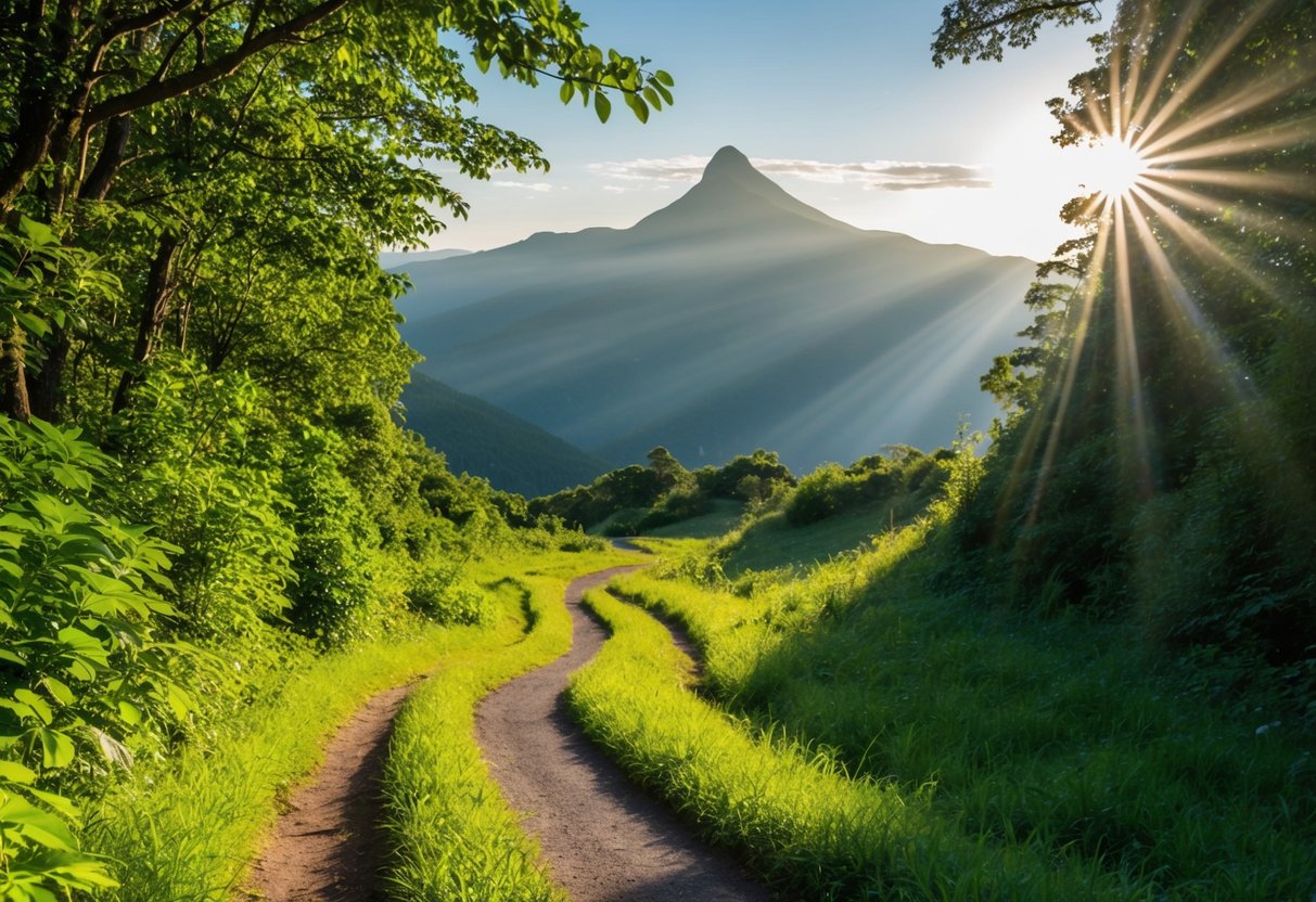 A winding path through a lush forest, leading to a distant mountain peak, with rays of sunlight breaking through the canopy