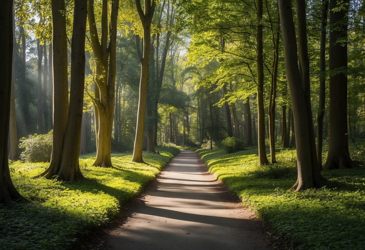 A serene forest with dappled sunlight filtering through the trees, inviting pathways leading to hidden nooks and crannies, and a sense of mystery and adventure lingering in the air