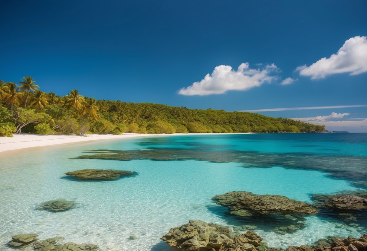 A serene beach with crystal-clear waters, surrounded by lush greenery and vibrant marine life, under a clear blue sky with a few fluffy white clouds