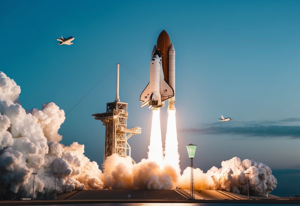 A space shuttle launches from a futuristic spaceport, with Earth in the background and other spacecraft in orbit