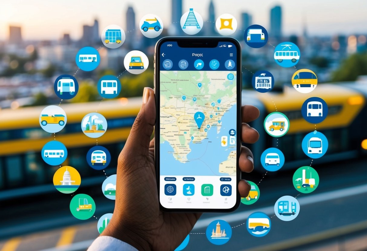 A smartphone displaying a map with icons for various travel apps, surrounded by a diverse array of transportation modes and landmarks