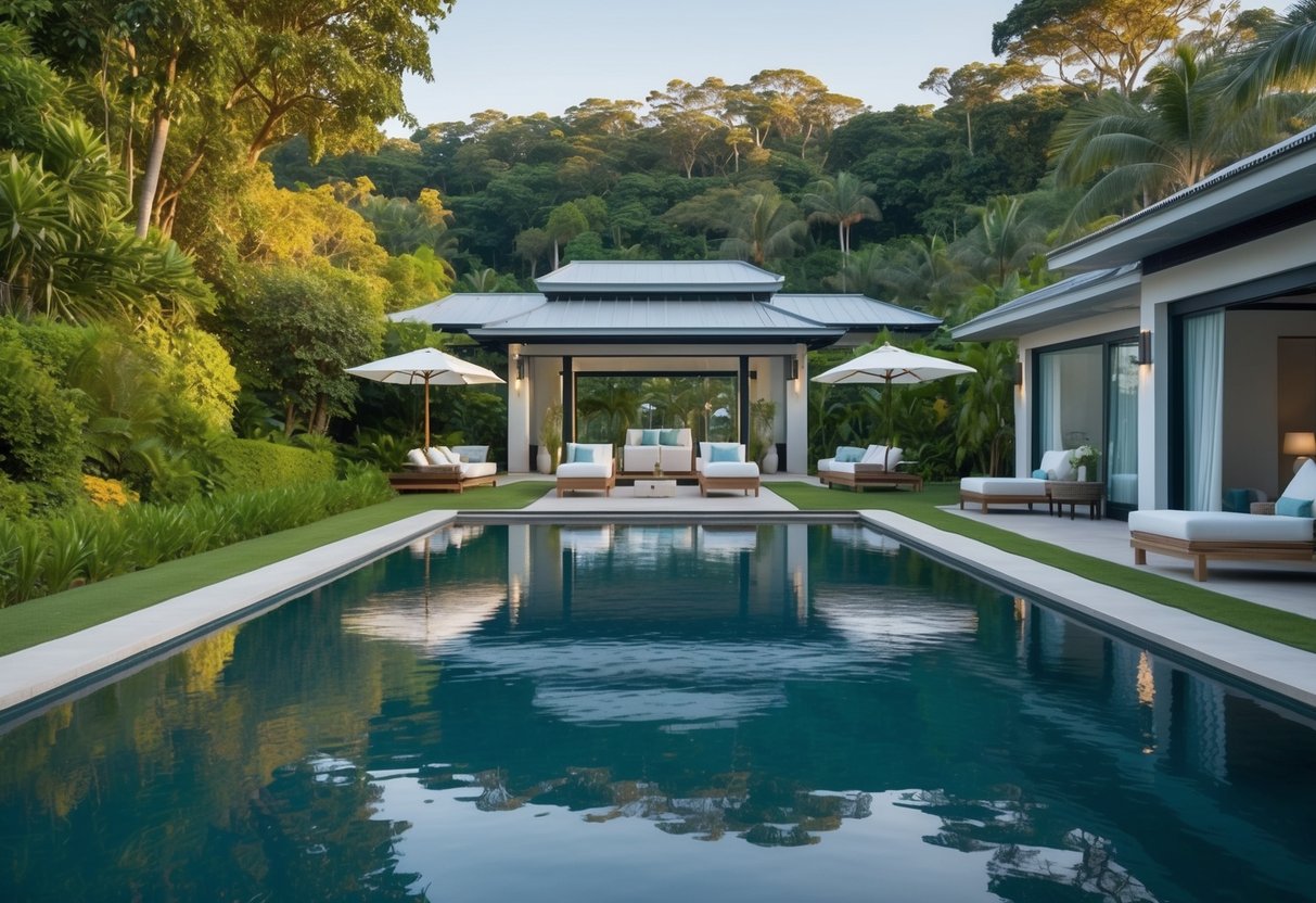 A serene, luxurious wellness retreat set against a backdrop of lush greenery and tranquil water, with elegant architecture and inviting outdoor spaces