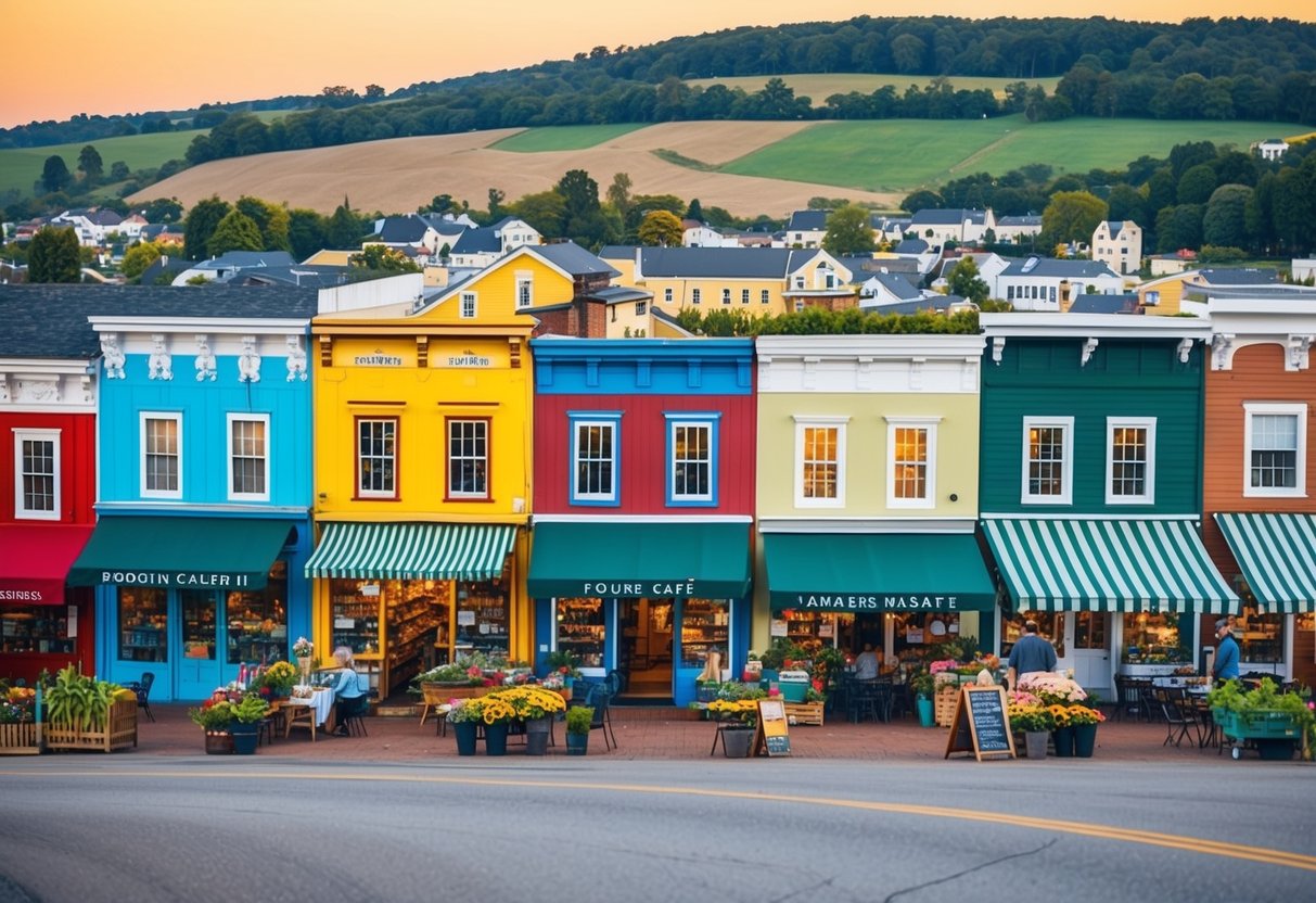 A quaint small town with colorful storefronts, inviting cafes, and bustling farmer's markets, surrounded by rolling hills and charming countryside