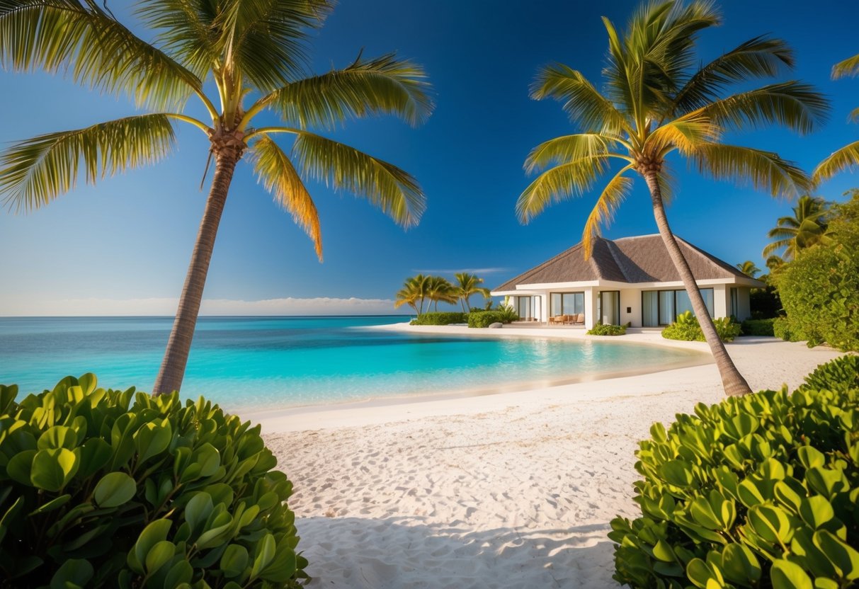 A luxurious beachfront villa with palm trees, white sand, and crystal-clear waters, surrounded by lush tropical foliage