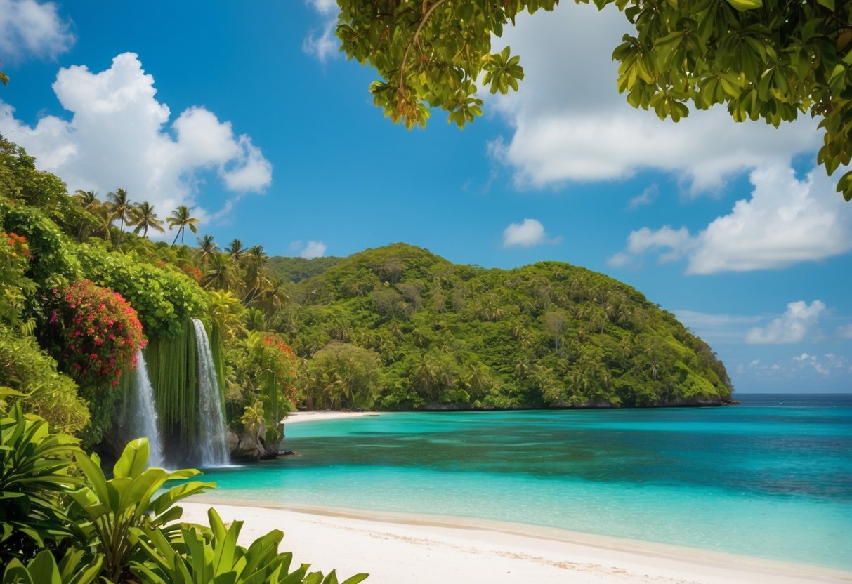 A lush rainforest with vibrant flora and fauna cascading down to a pristine tropical island surrounded by crystal-clear waters and white sandy beaches