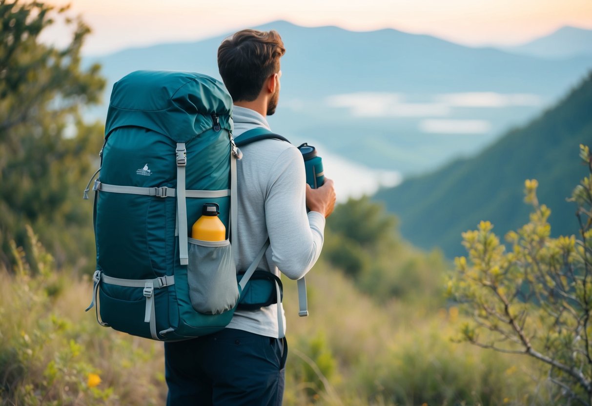 A serene traveler packing a backpack with essential items, surrounded by nature and a tranquil atmosphere