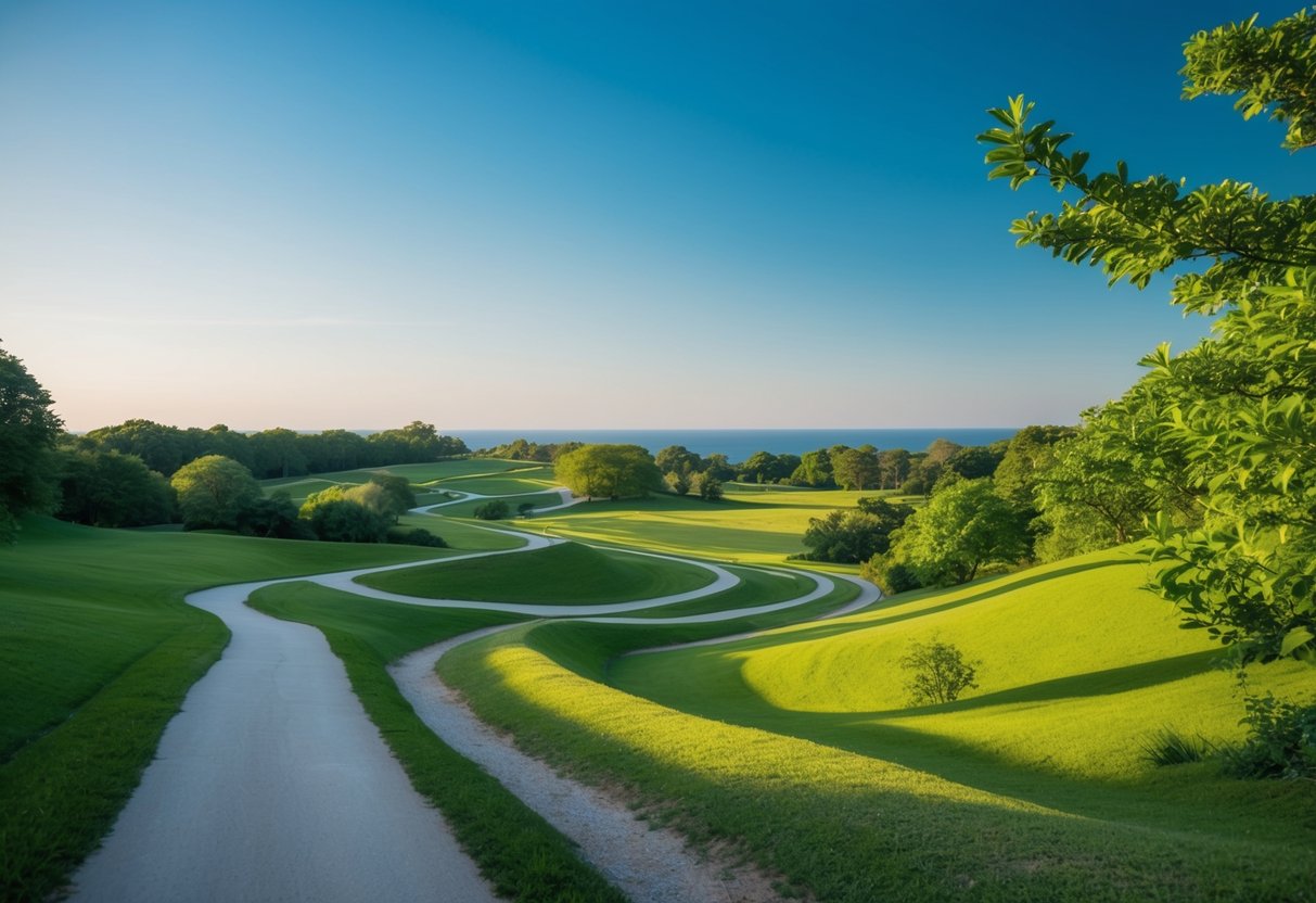 A serene landscape with winding paths, lush greenery, and a clear blue sky. A sense of calm and relaxation permeates the scene, inviting the viewer to embrace the present moment