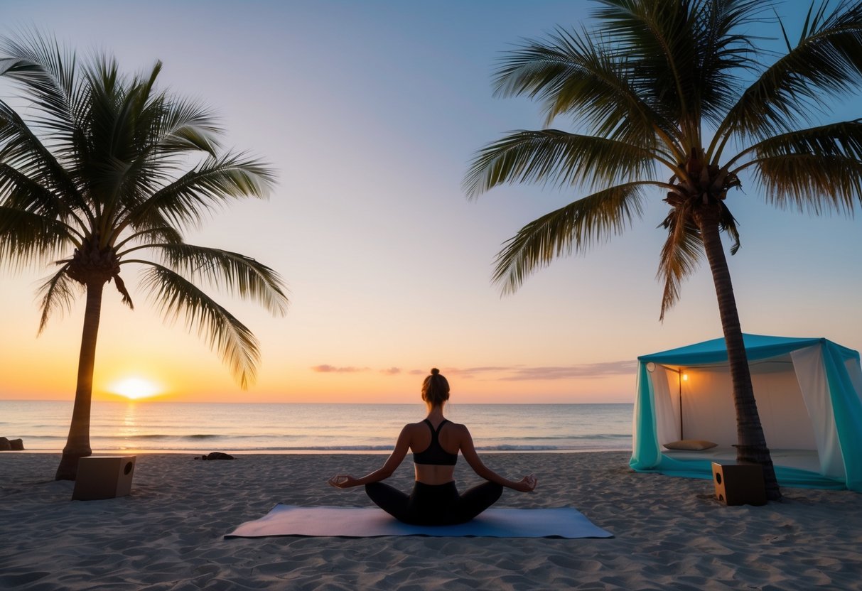 A serene beach setting with palm trees, a tranquil yoga studio, and a backdrop of a beautiful sunset over the ocean