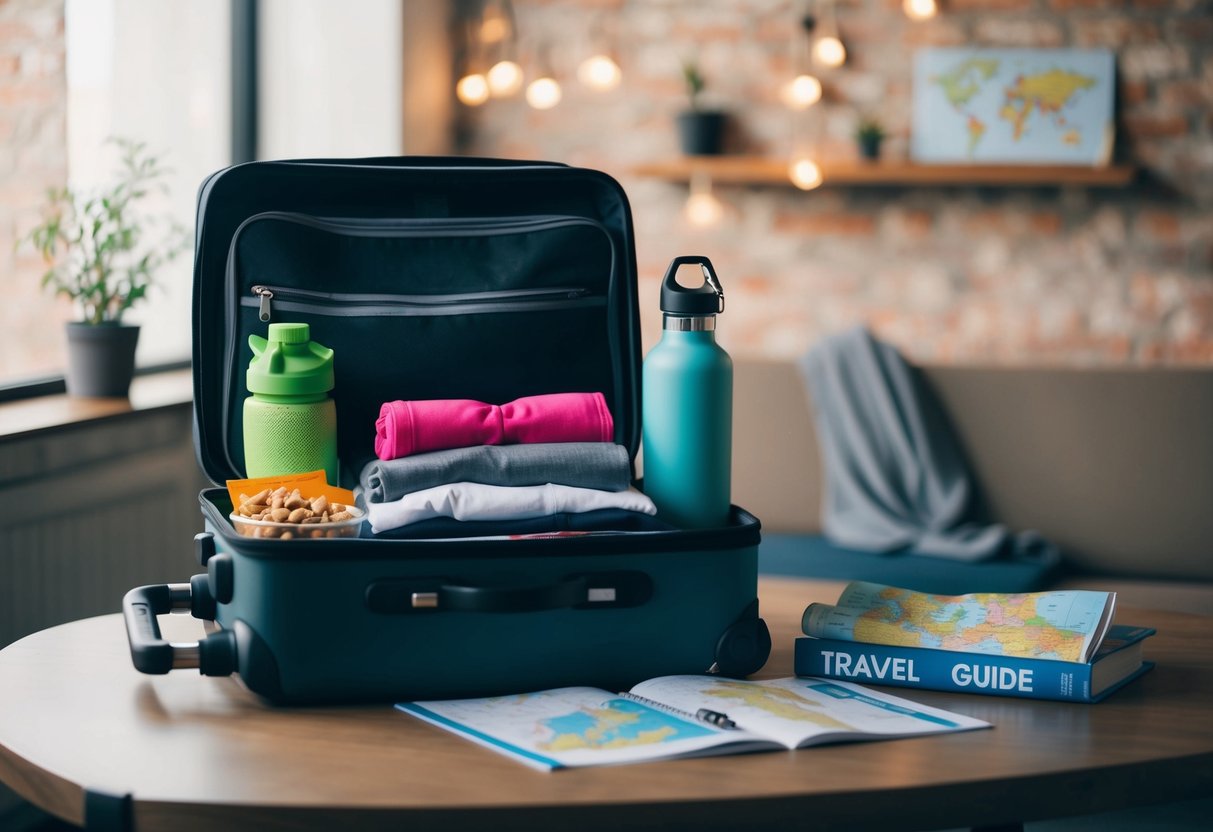 A suitcase filled with workout clothes, healthy snacks, and a reusable water bottle sits next to a travel guide and a map on a table