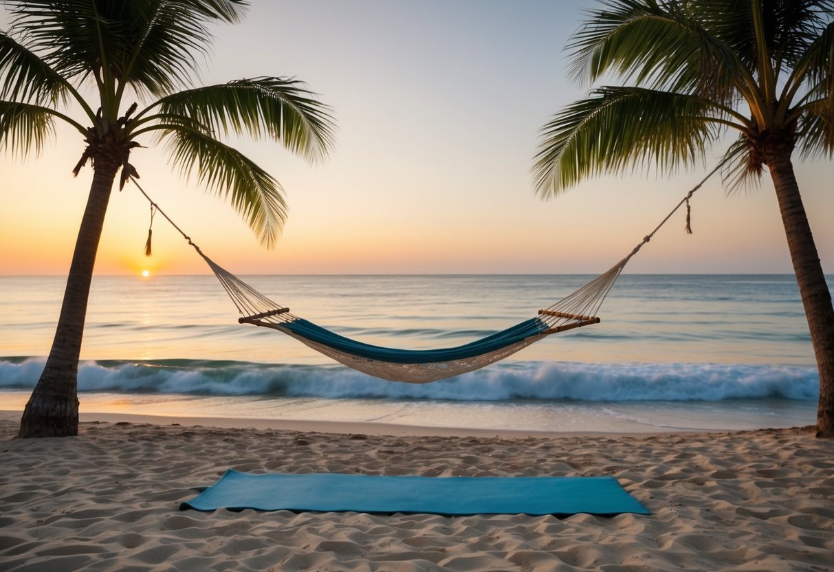 A serene beach at sunset with calm waves, a hammock between two palm trees, and a yoga mat laid out on the sand