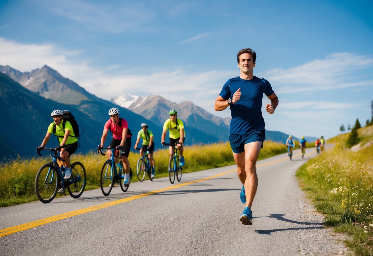 A person jogging along a scenic path with mountains in the background, while others are hiking and biking on a sunny day